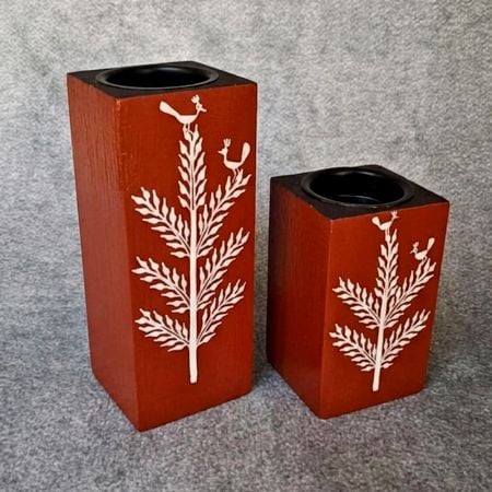 Hand Painted Wooden Candle Holder Pair with Bird Motif